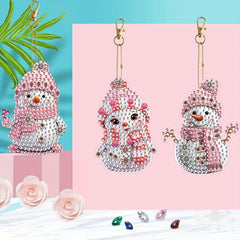 6pcs DIY Christmas Diamond Painting Keychain Pink Snowman Art Mosaic