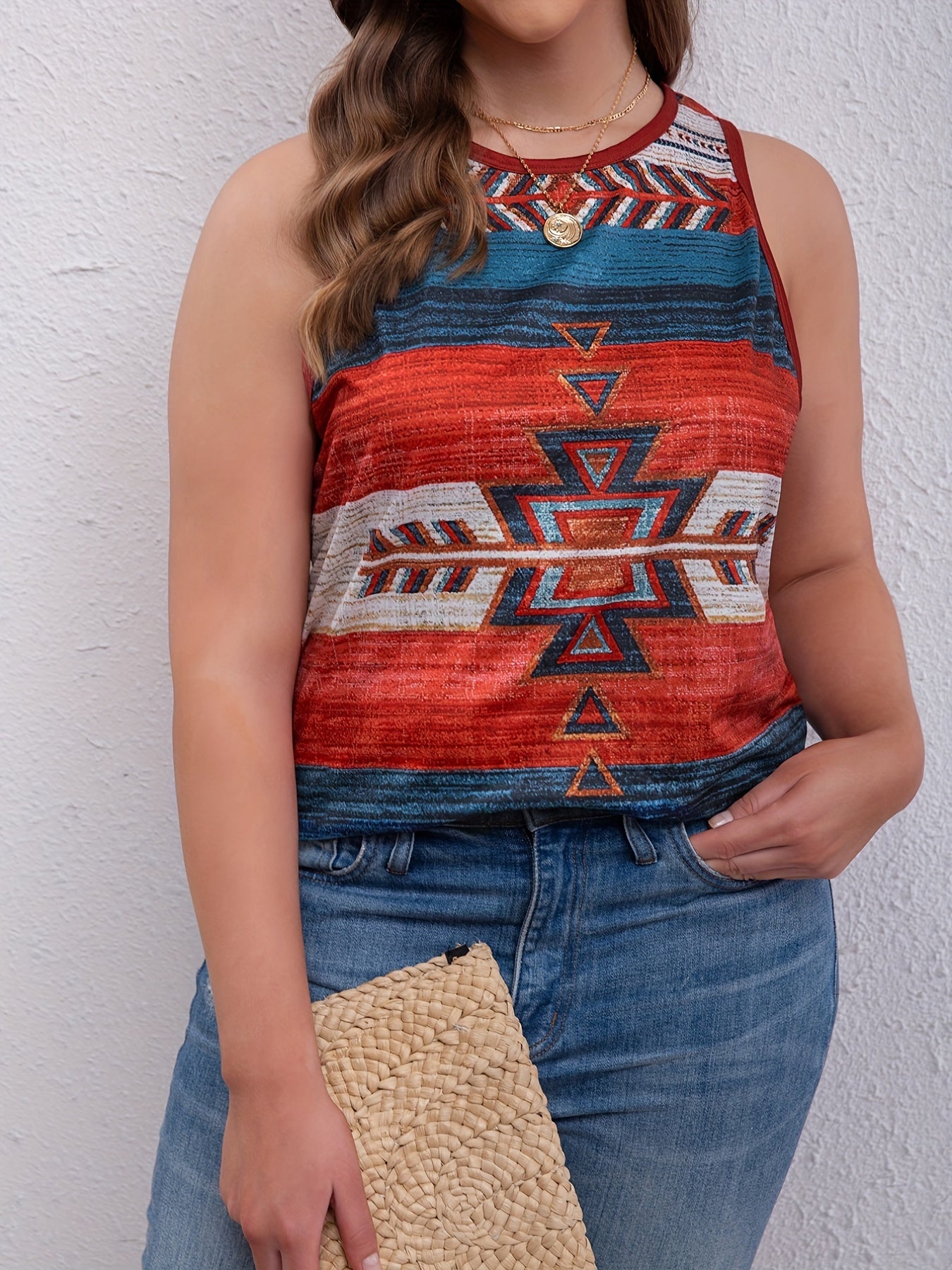 Geometric Print Boho Tank Top Round Neck Stretch Vest Top