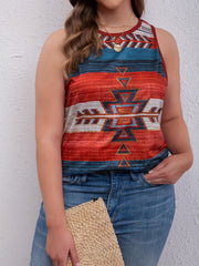 Geometric Print Boho Tank Top Round Neck Stretch Vest Top