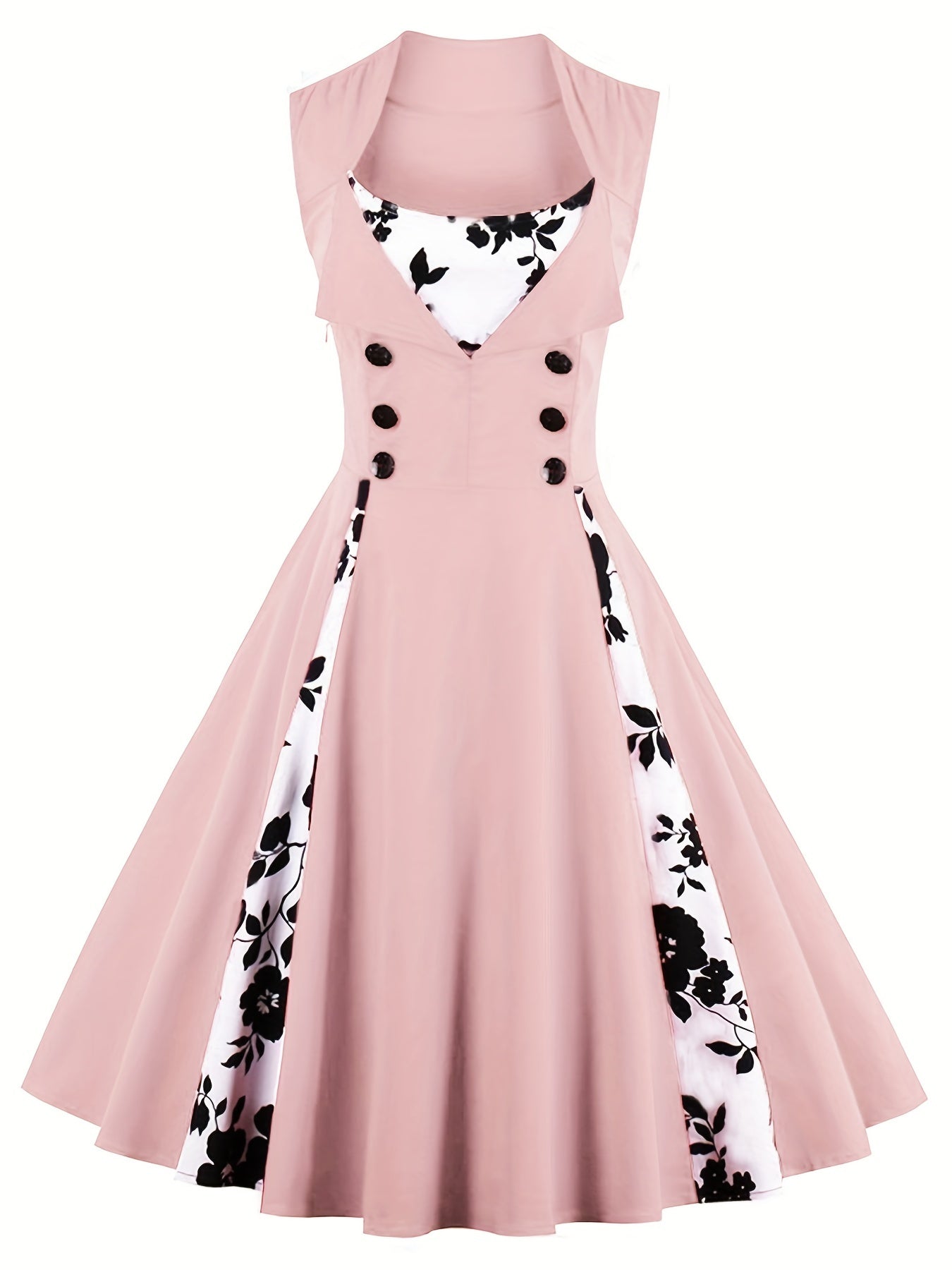 Retro Contrast Block Dress Button Sleeveless Waist Swing Dress