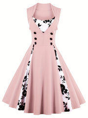 Retro Contrast Block Dress Button Sleeveless Waist Swing Dress