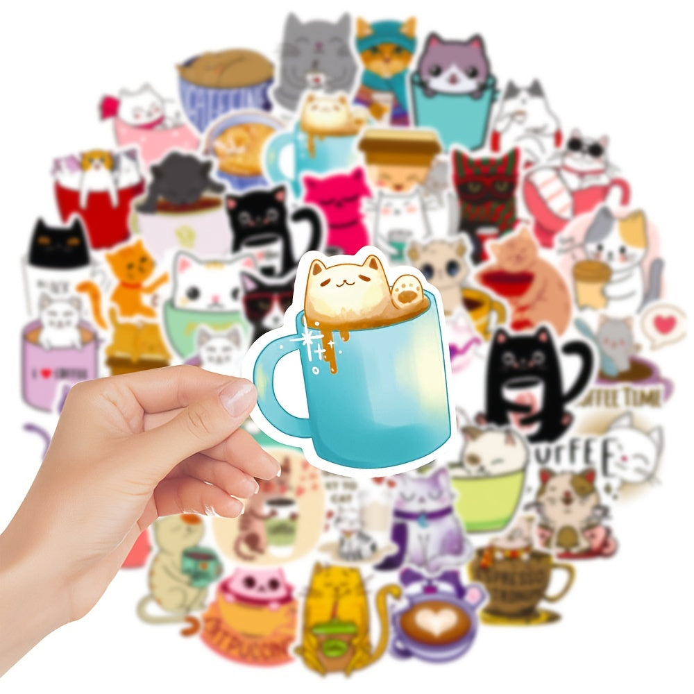 50 Pcs Cat Coffee Cup Waterproof Sticker DIY Toy Sealing Sticker