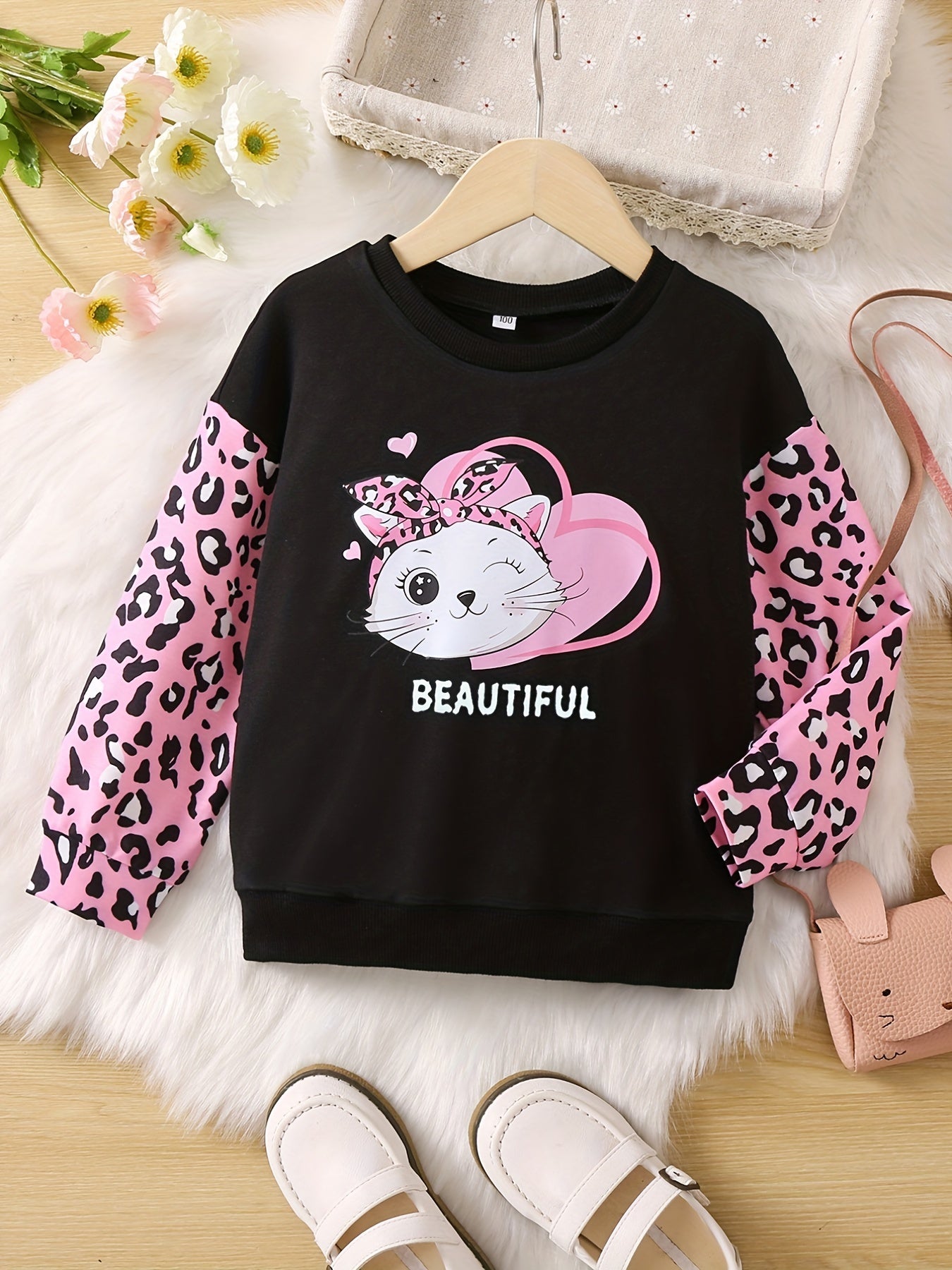 Girls Pink Leopard & Bow Cat Graphic Long Sleeve T Shirt