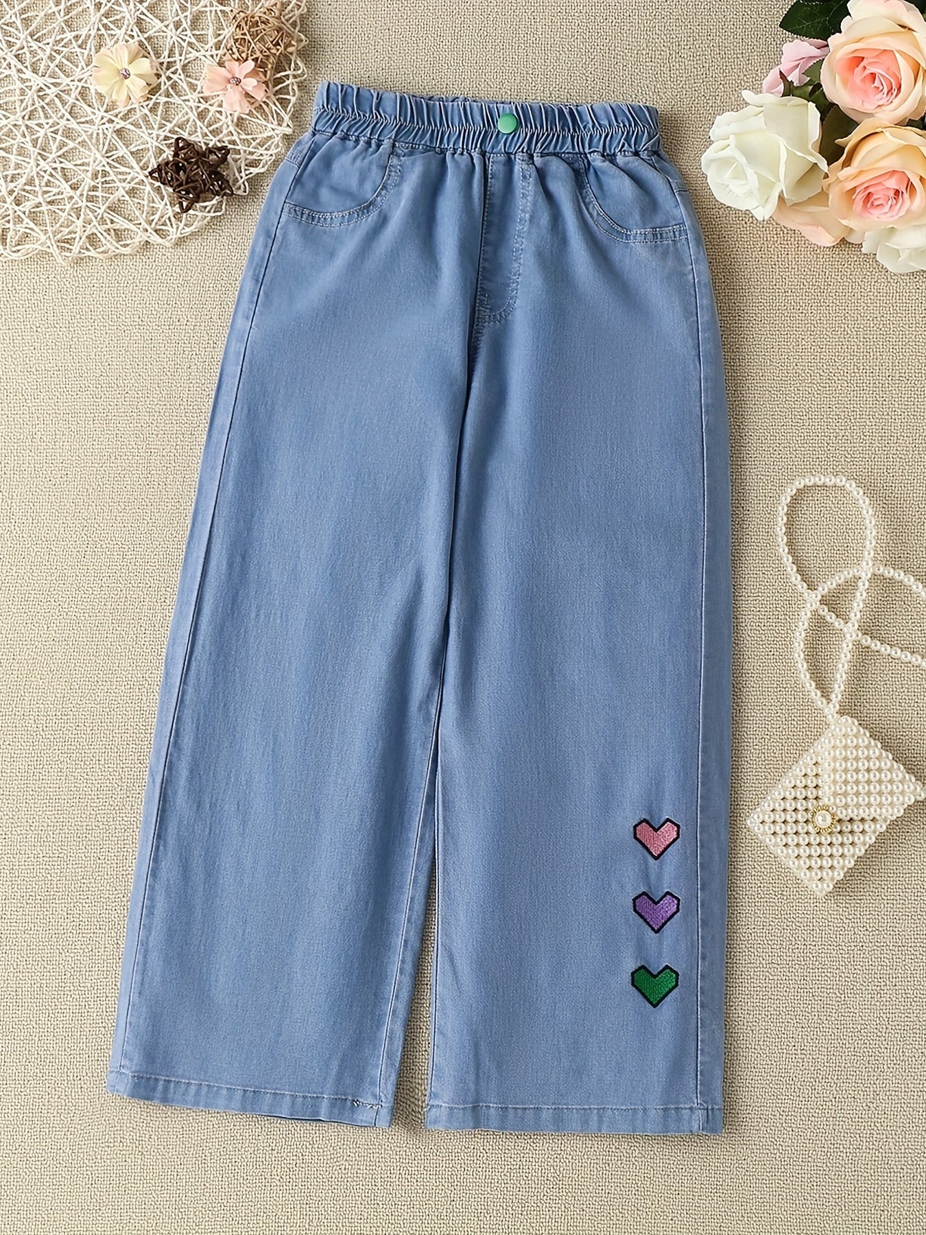 Girls Heart Embroidered Wide Leg Jeans for Spring Summer