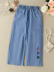 Girls Heart Embroidered Wide Leg Jeans for Spring Summer