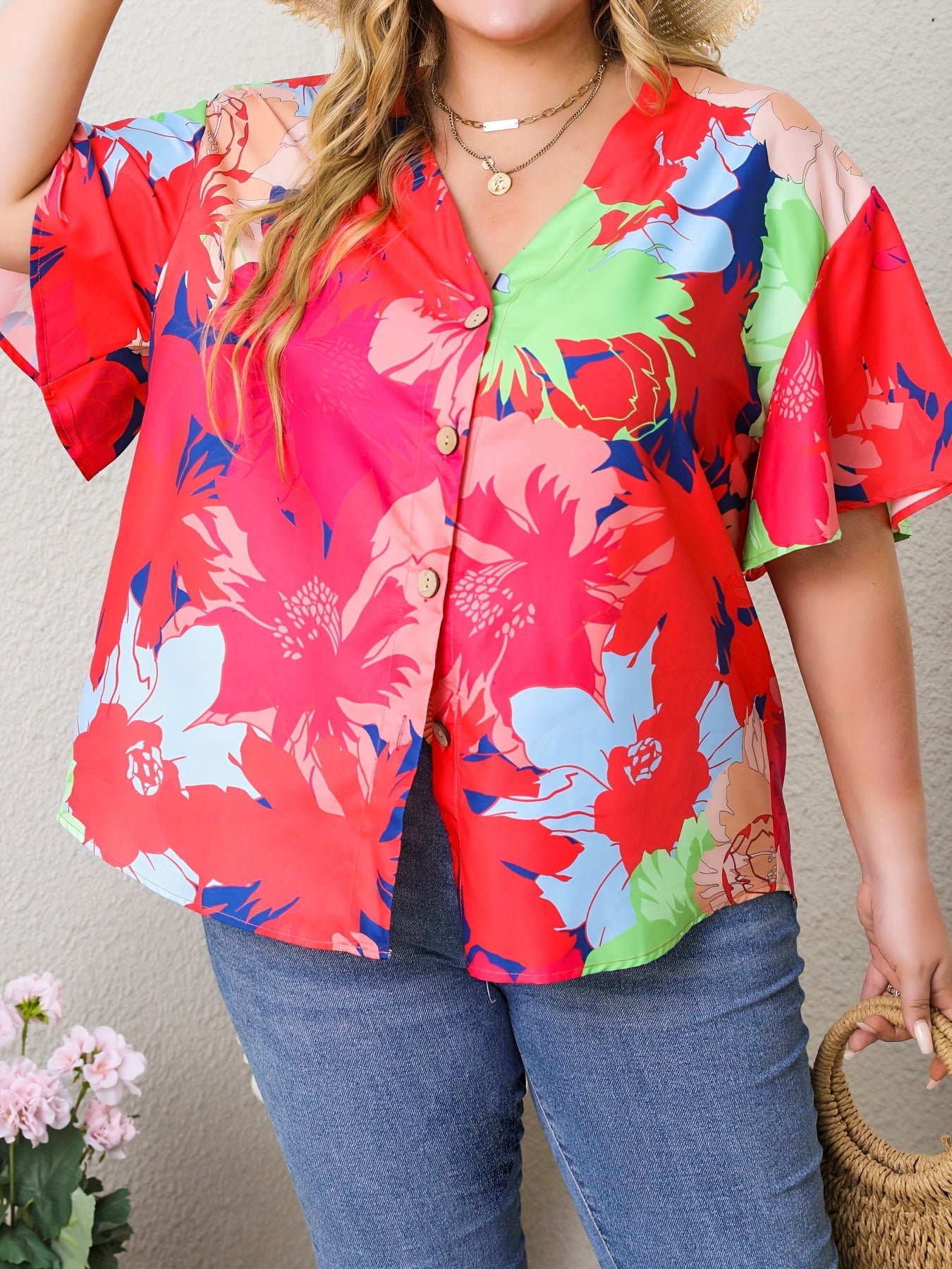 Casual Blouse Women's Plus Contrast Floral Print Half Butterfly Sleeve