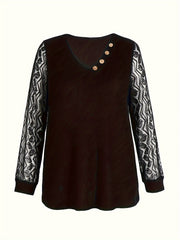 Sweater Lace Sleeve V Neck Button Pullover