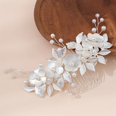 Pearl Flower Hair Comb Golden Leaf Headpiece