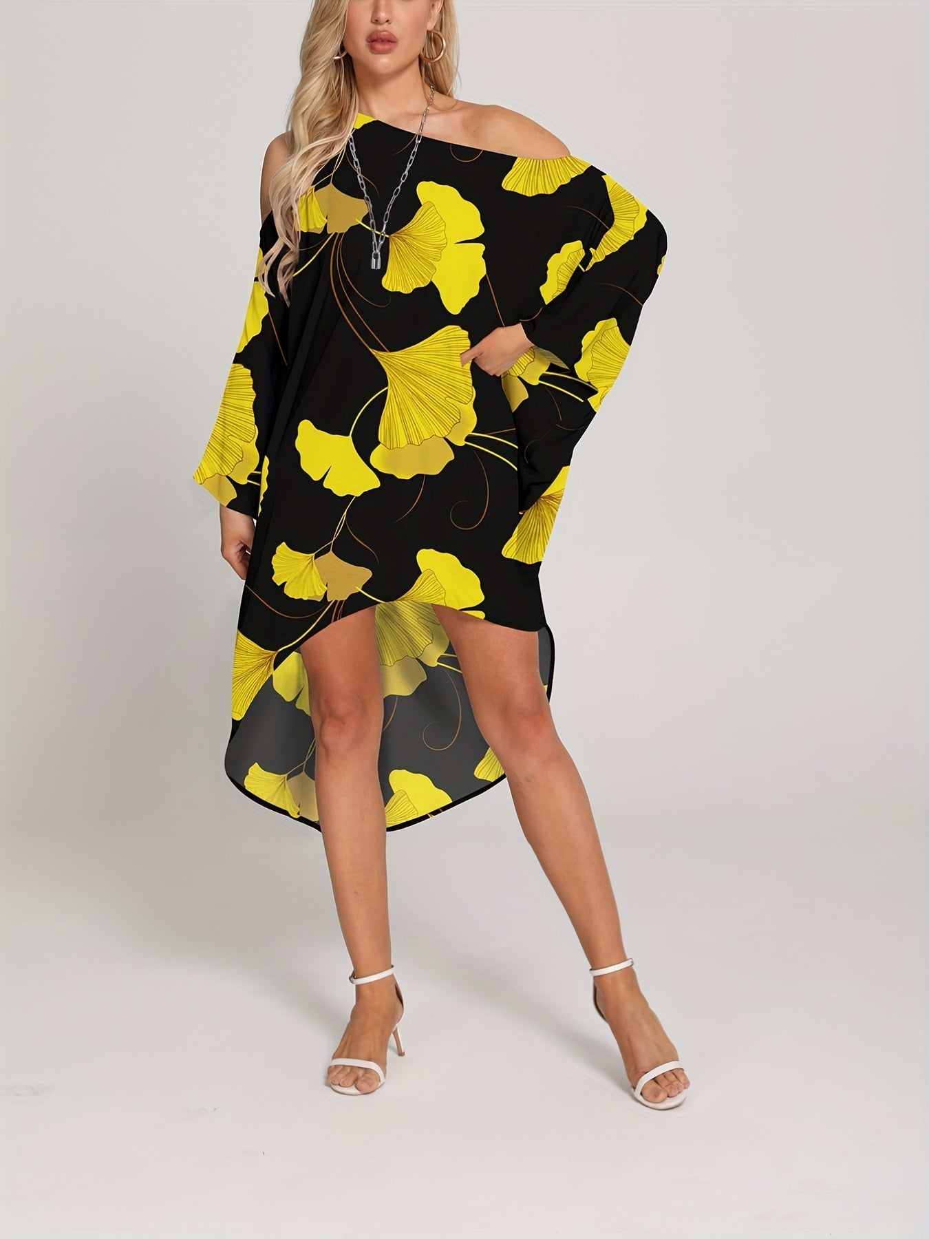 Leaf Print Cover Up Dress Loose Fit One Shoulder Long Sleeves Rash Guard Kaftan