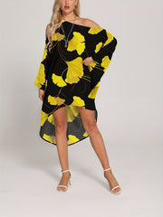 Leaf Print Cover Up Dress Loose Fit One Shoulder Long Sleeves Rash Guard Kaftan