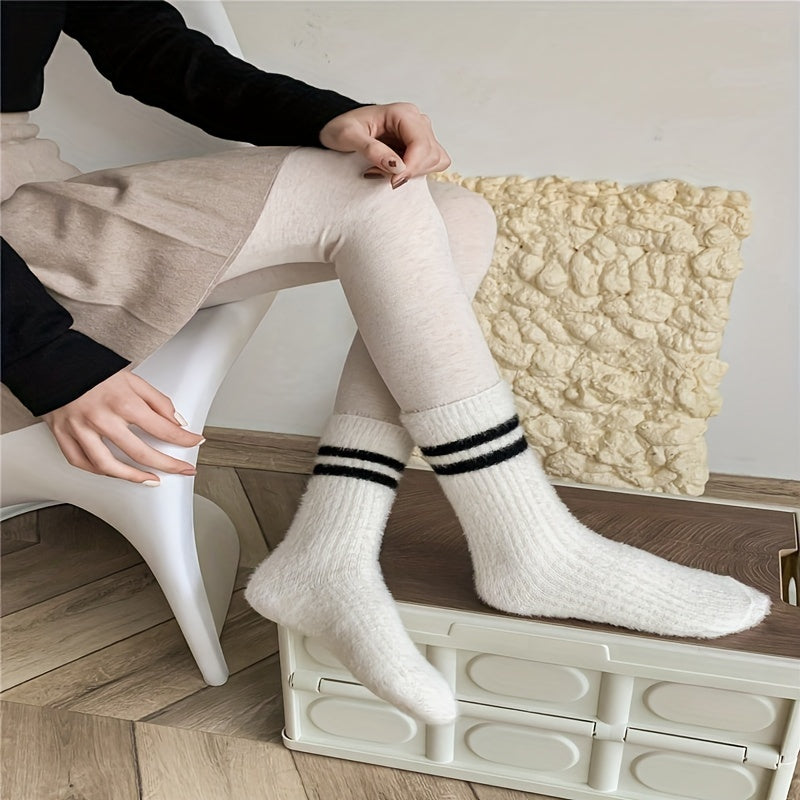 6 Pairs Striped Fuzzy Socks Comfy & Warm Women's Mid Tube Stockings