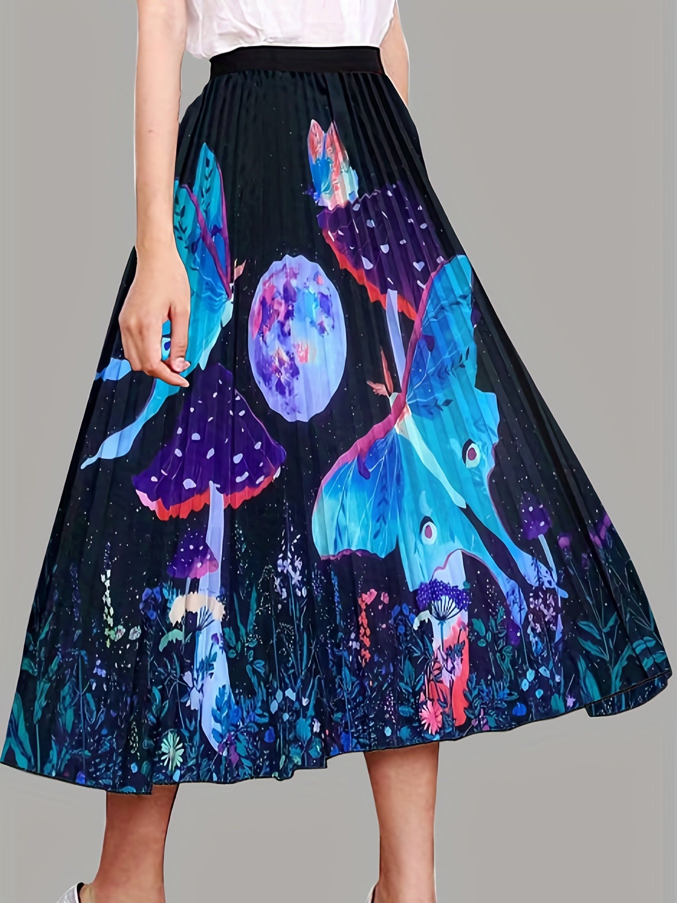 Mushroom & Butterfly Print Pleated Skirt for Spring & Summer