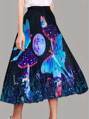 Mushroom & Butterfly Print Pleated Skirt for Spring & Summer