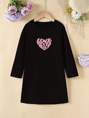 Girls' Heart Print Long Sleeve Dress for Spring Fall