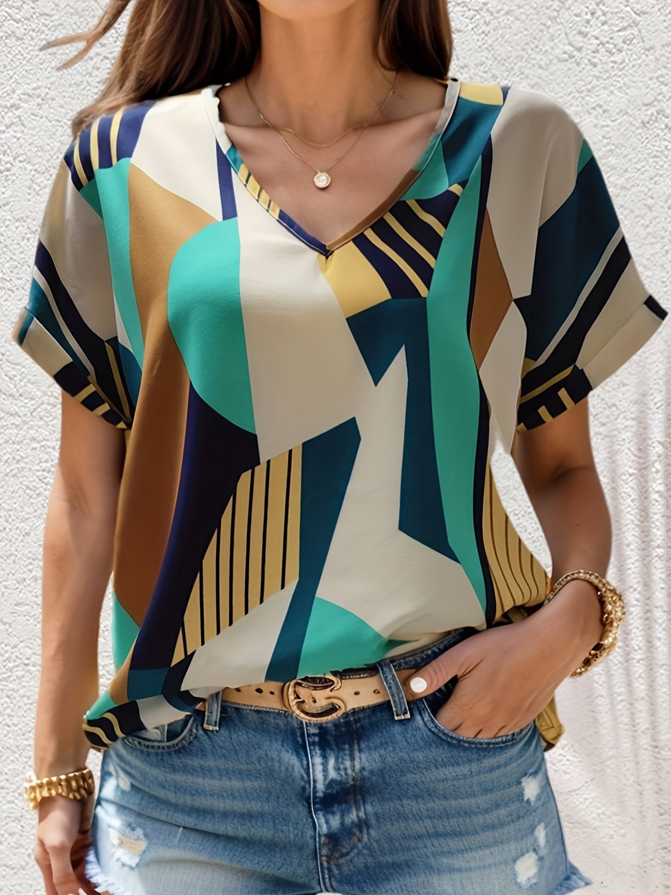 Colorblock Geometric Print V Neck Blouse