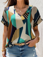 Colorblock Geometric Print V Neck Blouse