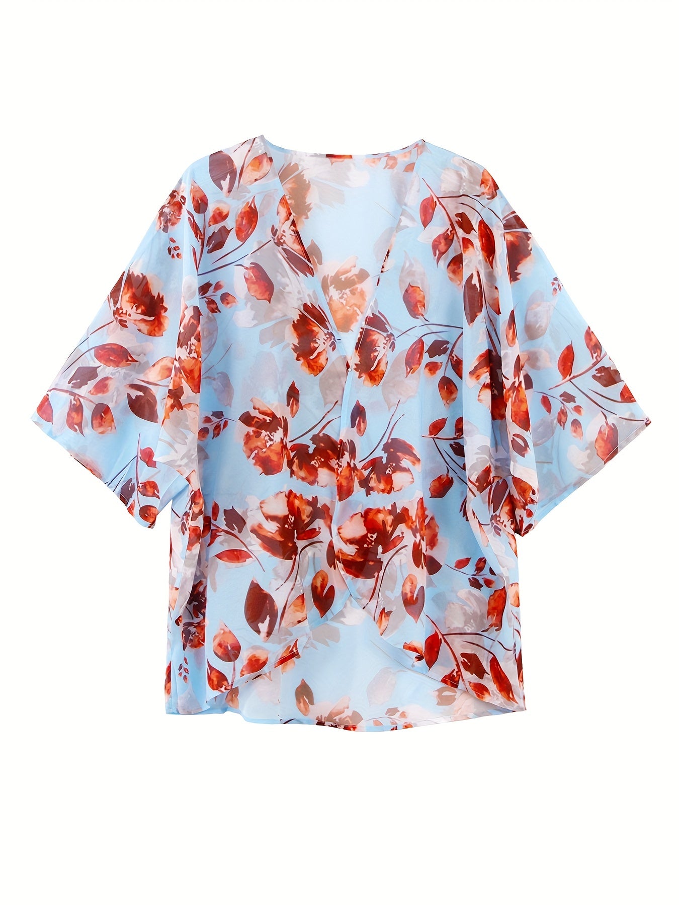 Floral Print Cover Up Shirt V Neck Loose Fit Blouse Women's Swimwear