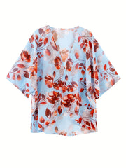 Floral Print Cover Up Shirt V Neck Loose Fit Blouse Women's Swimwear