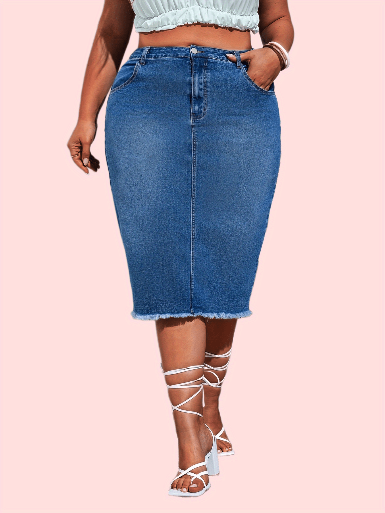 Casual Denim Skirt Women's Plus Solid Raw Trim Button Fly High Rise