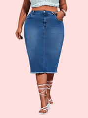 Casual Denim Skirt Women's Plus Solid Raw Trim Button Fly High Rise