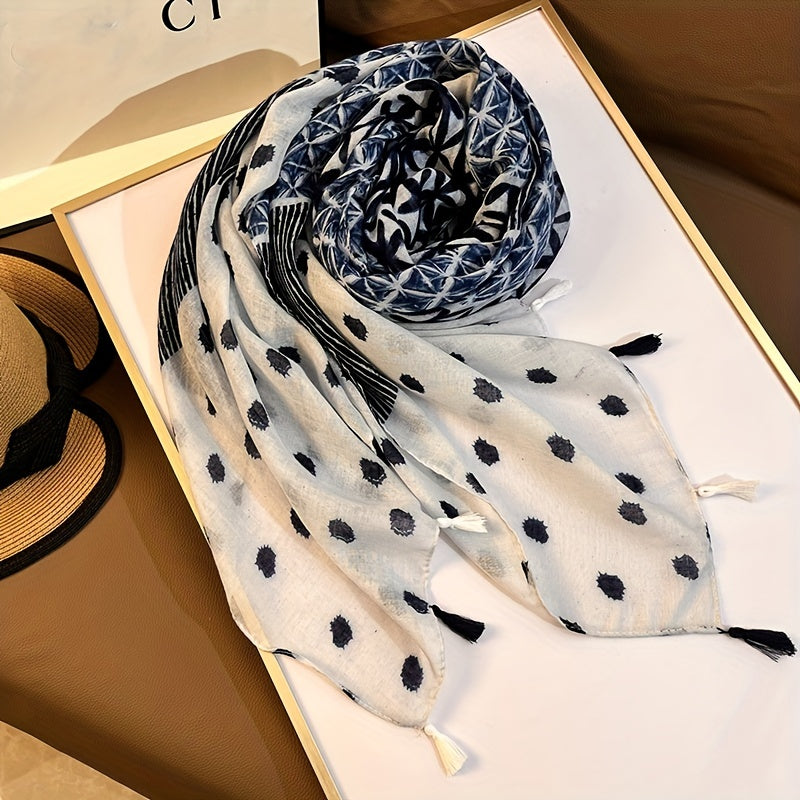 Geometric Print Tassel Scarf Vintage Block Shawl Windproof Head Wrap