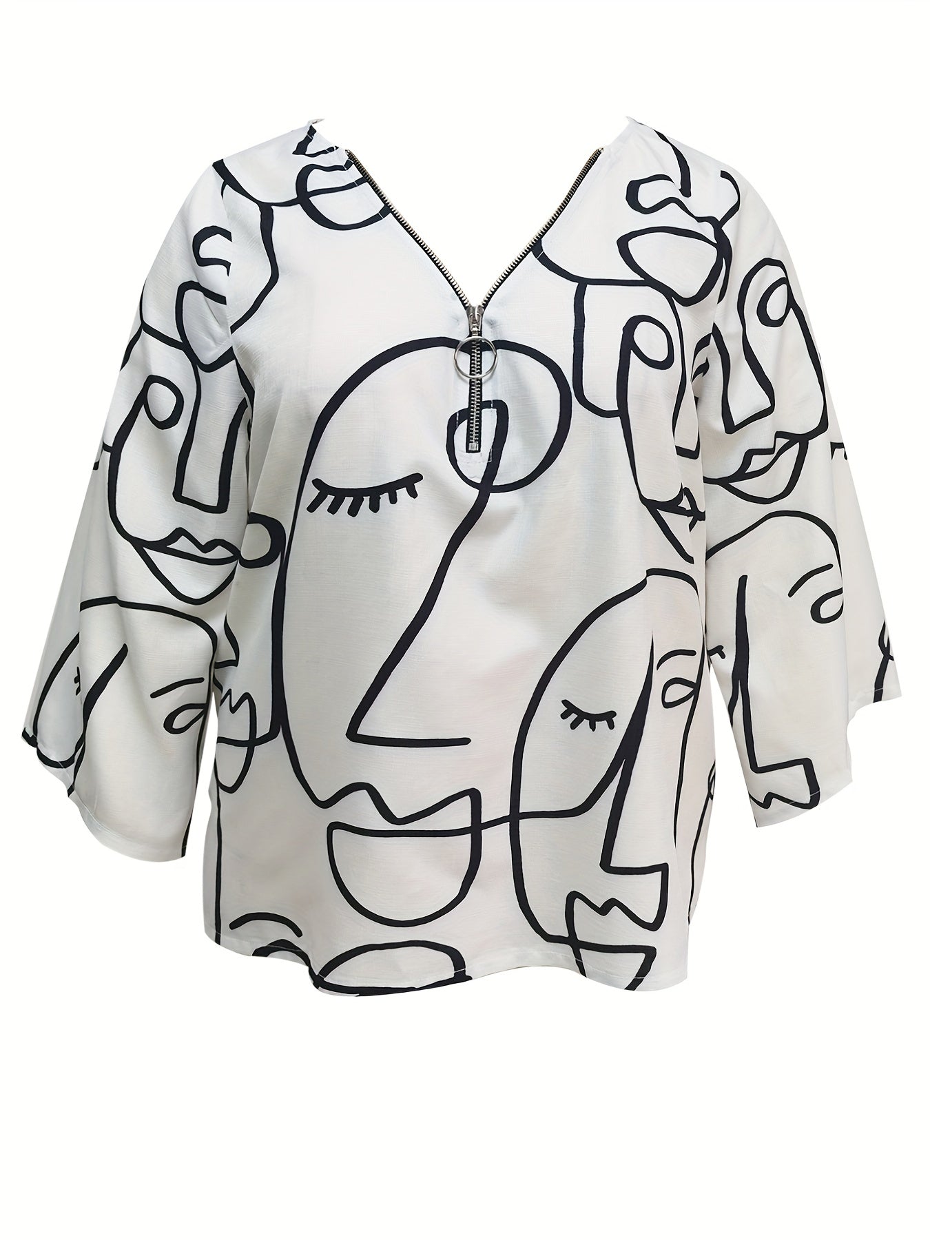 Abstract Figure Print Zip Up Long Sleeve V Neck Top
