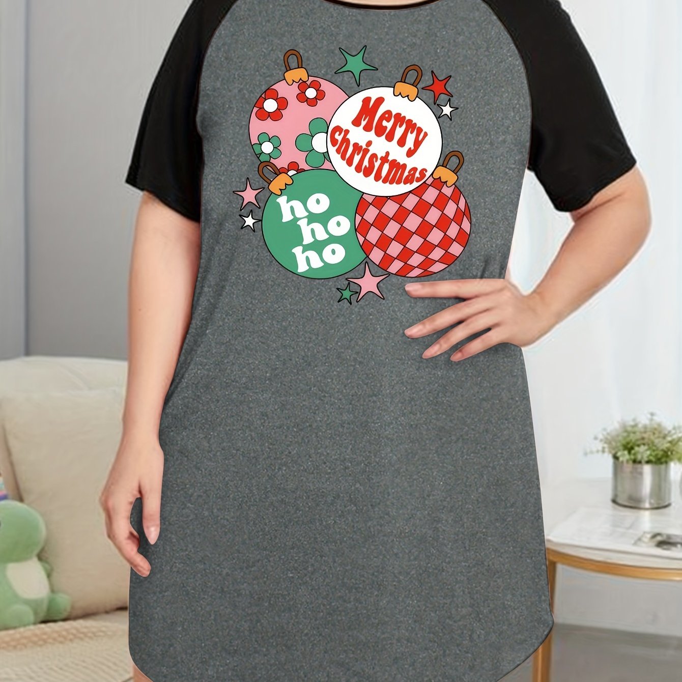 Floral & Letter Print Raglan Sleeve Tee Sleep Dress