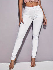 High Waist Skinny Jeans Button Ankle Length Denim Women's Clothing