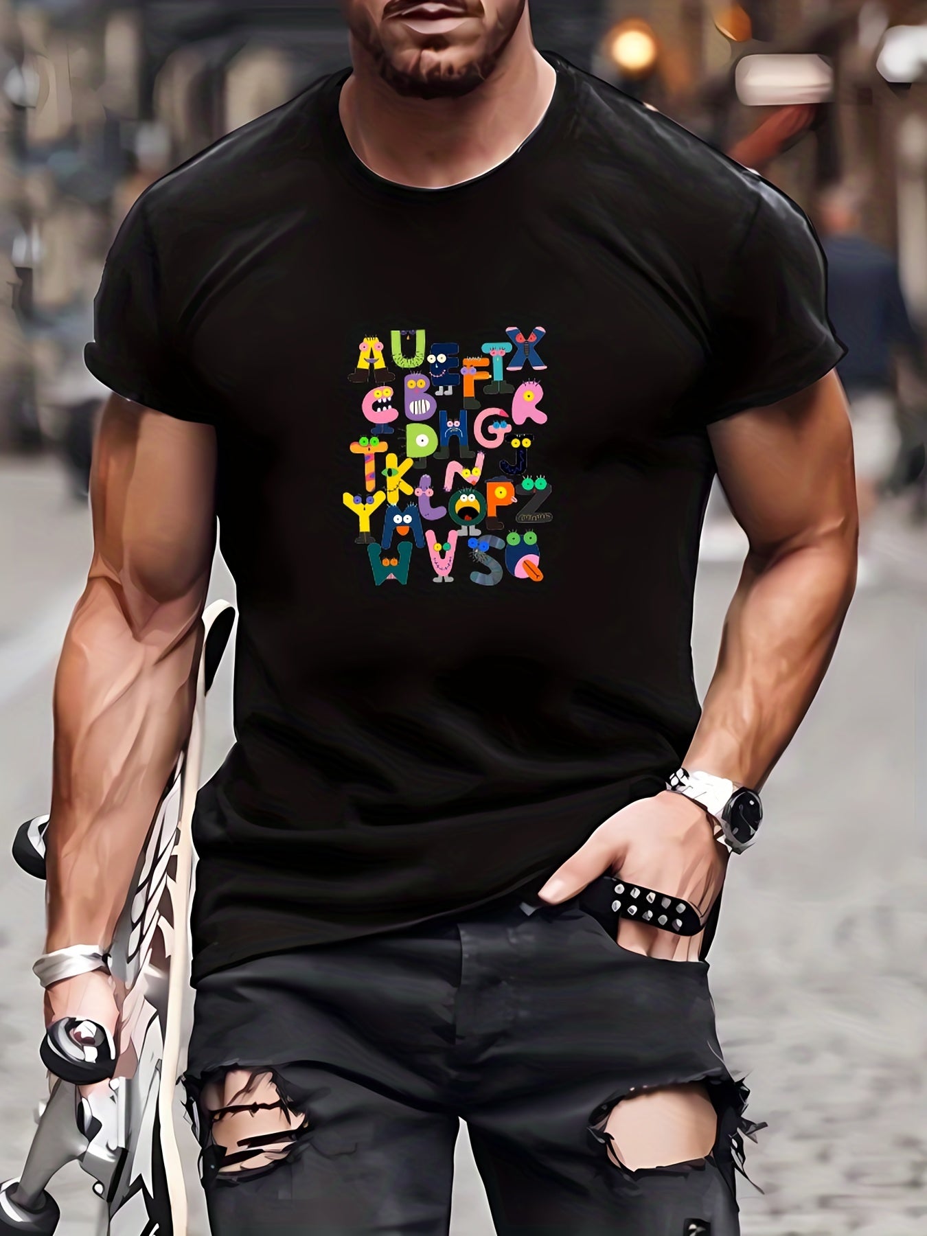 Men's Alphabet Pattern T-shirt for Outdoor Activities
