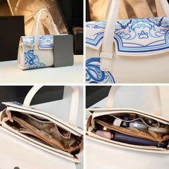 Vintage Chinese Embroidered Handbag, Porcelain Leather, Removable Stra