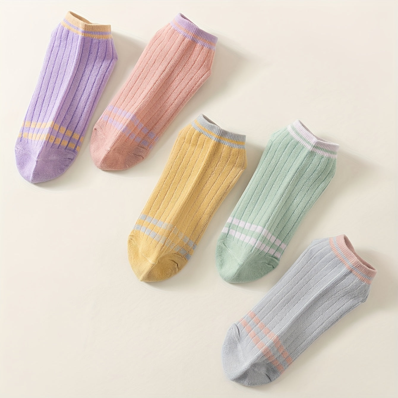 5 Pairs Women's Striped Ankle Socks Low Cut Soft Lightweight Stockings