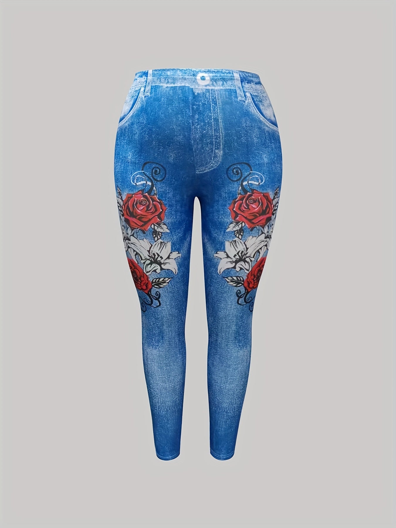 Floral & Denim Print Skinny Leggings Long Length Casual Pants Women's Clothing