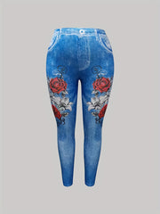 Floral & Denim Print Skinny Leggings Long Length Casual Pants Women's Clothing
