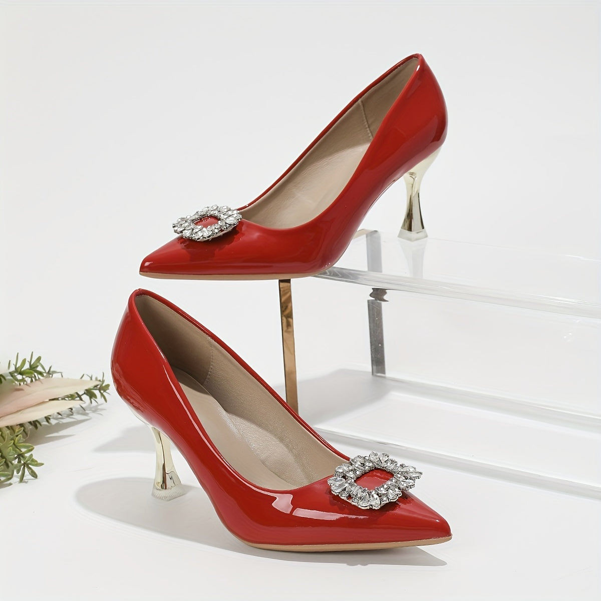 Rhinestone Stiletto Heels Faux Leather Pumps