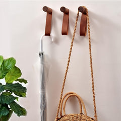 Wooden Hook w/ PU Leather Strap Wall Hook Coat Hanger