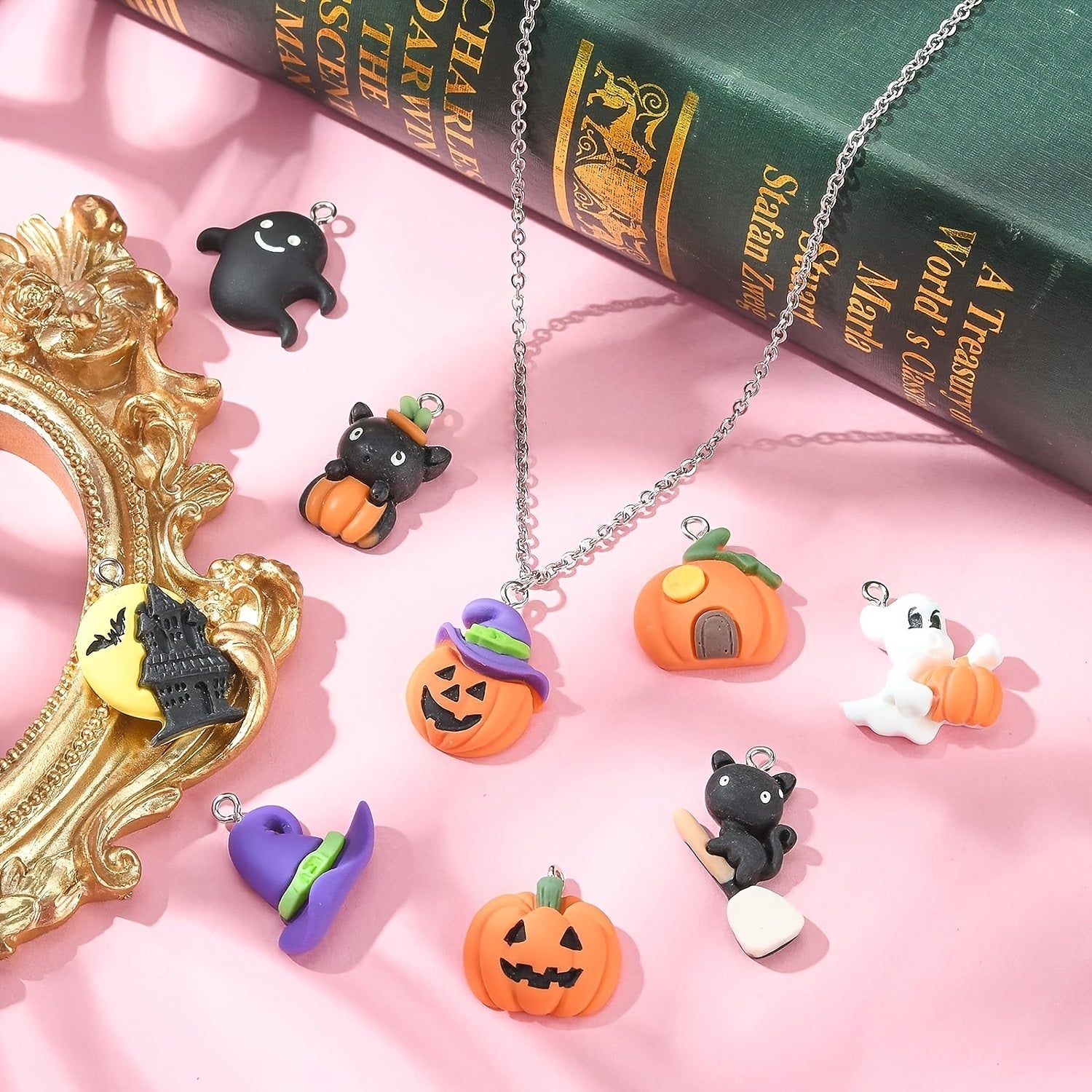 10pcs Halloween Resin Pumpkin Head Bat Demon Persian Cat Shirt Castl