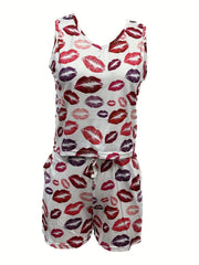 Lips Print Casual Two piece Set Tank Top & Shorts Outfits Women