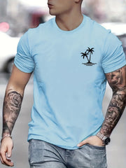 Palm Tree Pattern Top Casual Stretch Short Sleeve Crew Neck T shirt