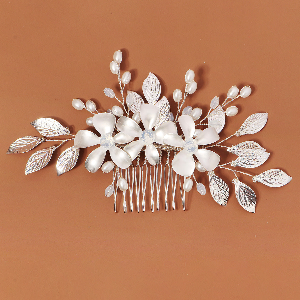 Bride Hair Comb Silvery Leaves Faux Pearl Bridal Hair Side Combs