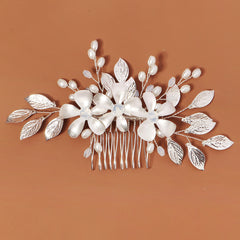Bride Hair Comb Silvery Leaves Faux Pearl Bridal Hair Side Combs
