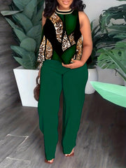 Women's Plus Colorblock Leopard & Paisley Print Tank Top & Wide Leg Pants Set