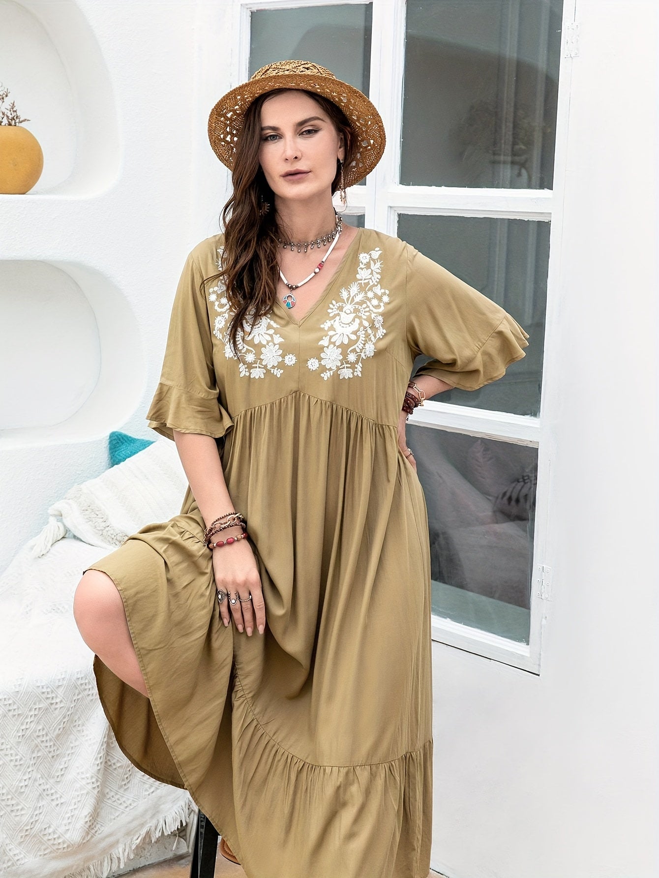 Lace Ruffle Trim V Neck Dress