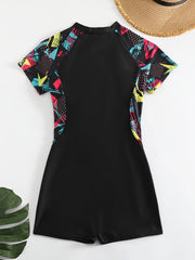 Short Sleeve Round Neck Swimsuit Half Zipper Surfing Water Sports Bathing Suit
