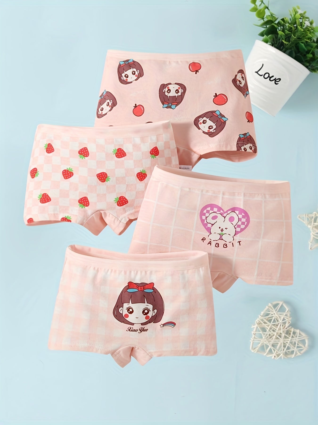 4pcs Girls Boxer Briefs Plaid Strawberry Print Underwear Kids Clothes