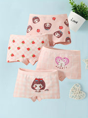 4pcs Girls Boxer Briefs Plaid Strawberry Print Underwear Kids Clothes