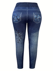 Floral & Denim Print High Rise Leggings