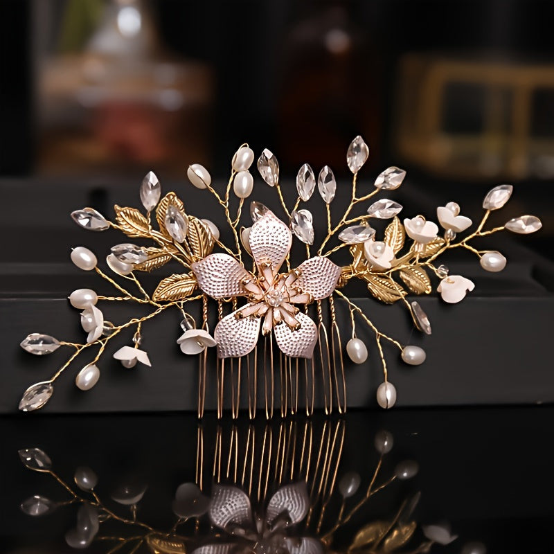 Bohemian Wedding Bridal Wreath Comb Faux Pearl Golden Hair Vine Accessory