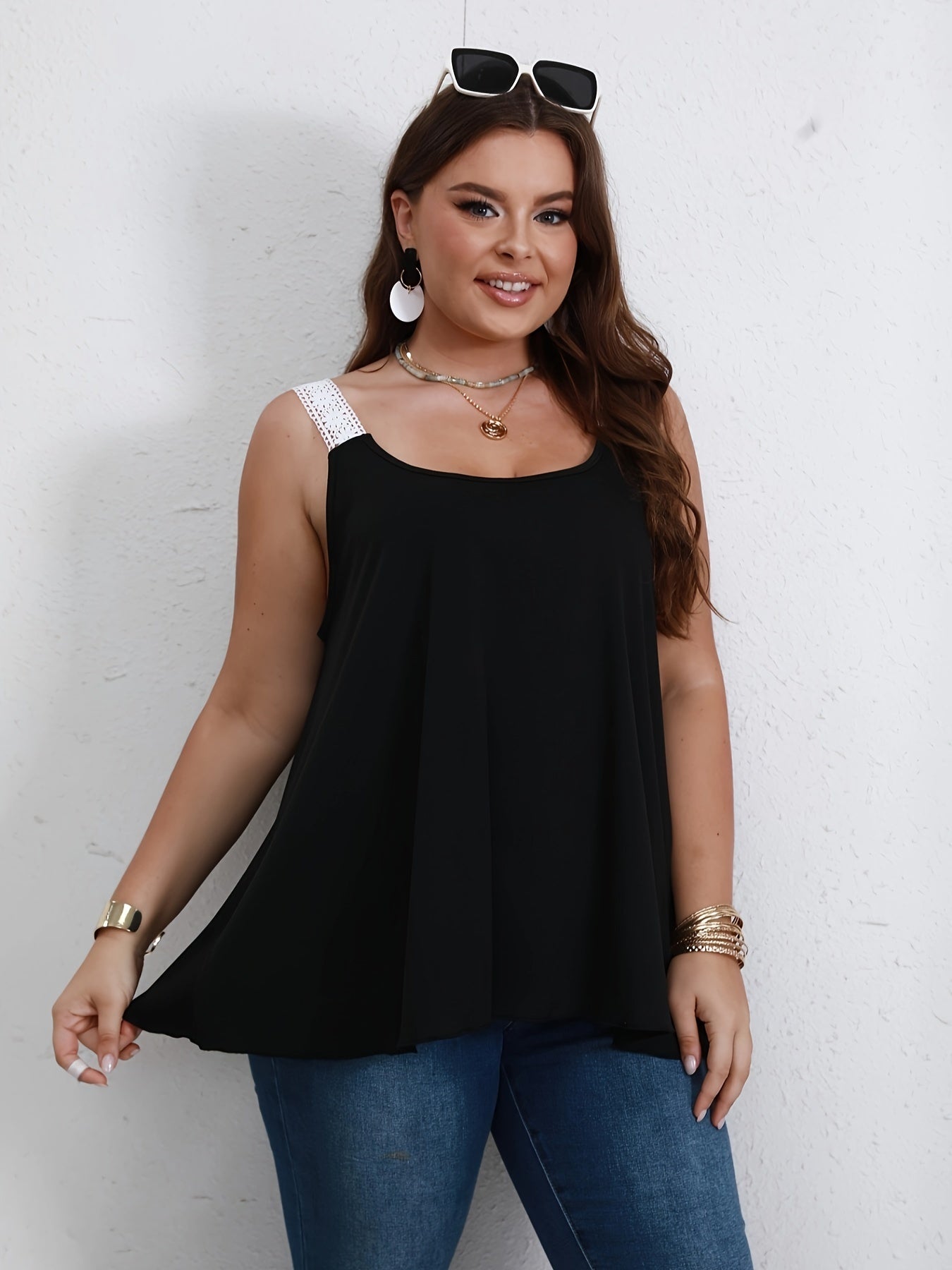 Solid Lace Trim Tank Top Scoop Neck Slight Stretch