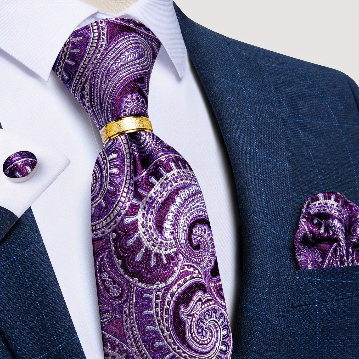 Men's Paisley Silk Wedding Tie Set with Hanky and Cufflinks