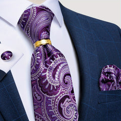 Men's Paisley Silk Wedding Tie Set with Hanky and Cufflinks